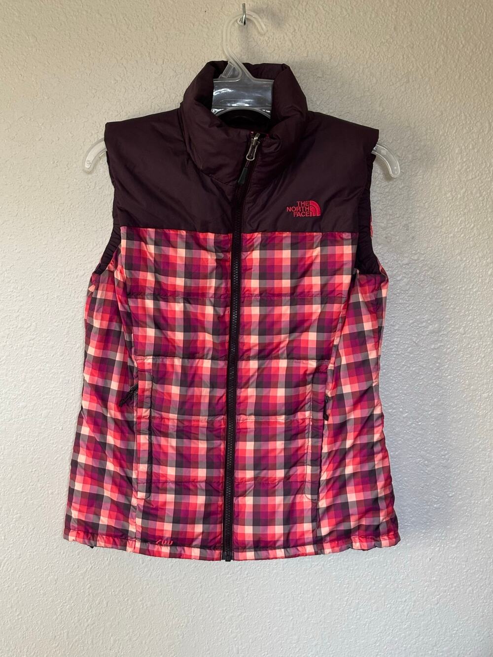 Women’s North Face Nuptse 700 Goose Down Puffer Vest Jacket Plaid Pink Small
